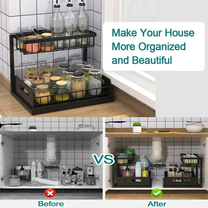 Under Sink Organizer and Storage,Bathroom Cabinet Organizer, 2 Tier Sliding Cabinet Basket Organizer Drawer, Multi-Purpose Bath Collection Baskets for Bathroom