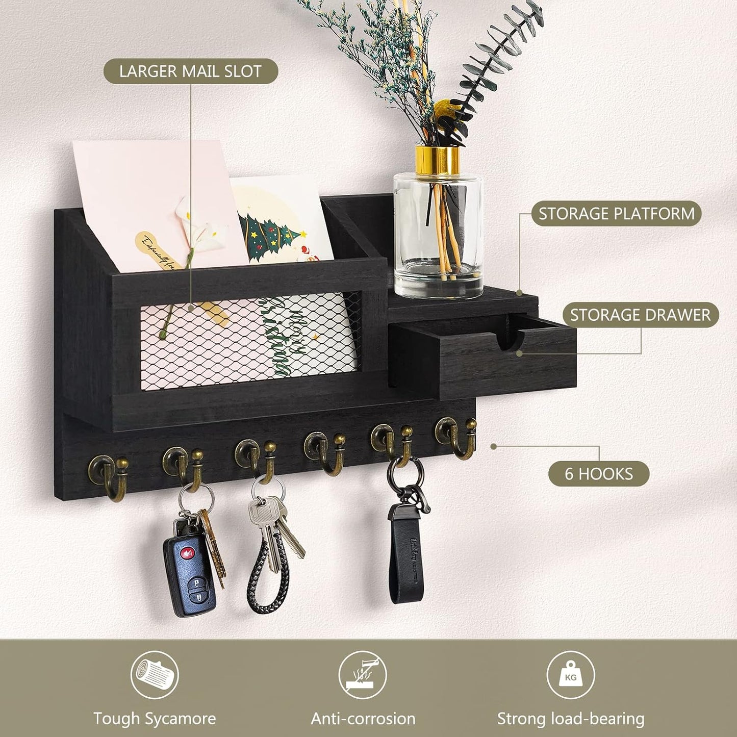 Key Holder for Wall,Dinosam Updated Mail Organizer Wall Mount with Drawer,Mail Holder Shelf and 6 Sturdy Hooks,Hanging Key Rack Hanger for Entryway, Hallway, Bedroom, Living Room and Office,Black