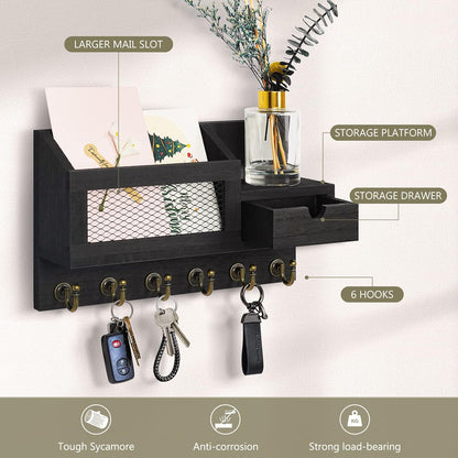 Key Holder for Wall,Dinosam Updated Mail Organizer Wall Mount with Drawer,Mail Holder Shelf and 6 Sturdy Hooks,Hanging Key Rack Hanger for Entryway, Hallway, Bedroom, Living Room and Office,Black