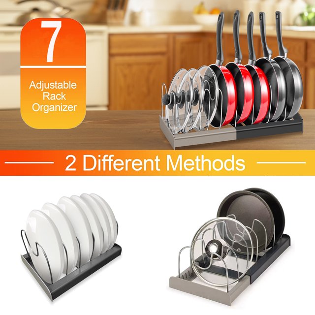 Expandable Pot and Pan Organizer for Cabinet,Pot Lid Organizer Holder with 7 Adjustable Compartments,Pan Organizer Rack for Cabinet,Pot Organizer Rack for Under Cabinet