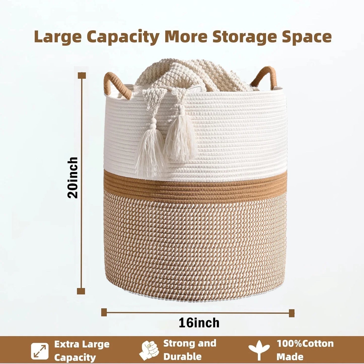 Extra Large Cotton Rope Basket for Storage, Domaci Woven Basket for Organizing, Blanket Basket Clothes Basket Laundry Hamper with Handles (16" x 20")