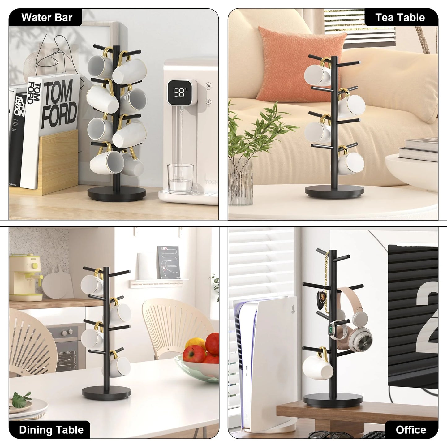 Mug Holder Tree, Domaci 360° Rotated 8 Hooks Coffee Cup Holder for Counter,Wood Coffee Mug Rack Standing for Coffee Bar Accessories and Kitchen Home Organizer (Black)