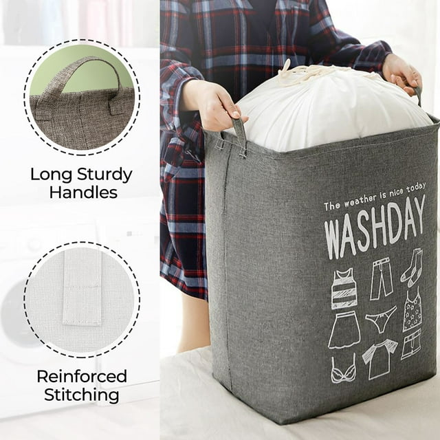 75L Freestanding Large Laundry Basket with Lid, Collapsible Large Drawstring Clothes Hamper Storage with Handle, Dinosam Storage Basket for Bathroom,Gray
