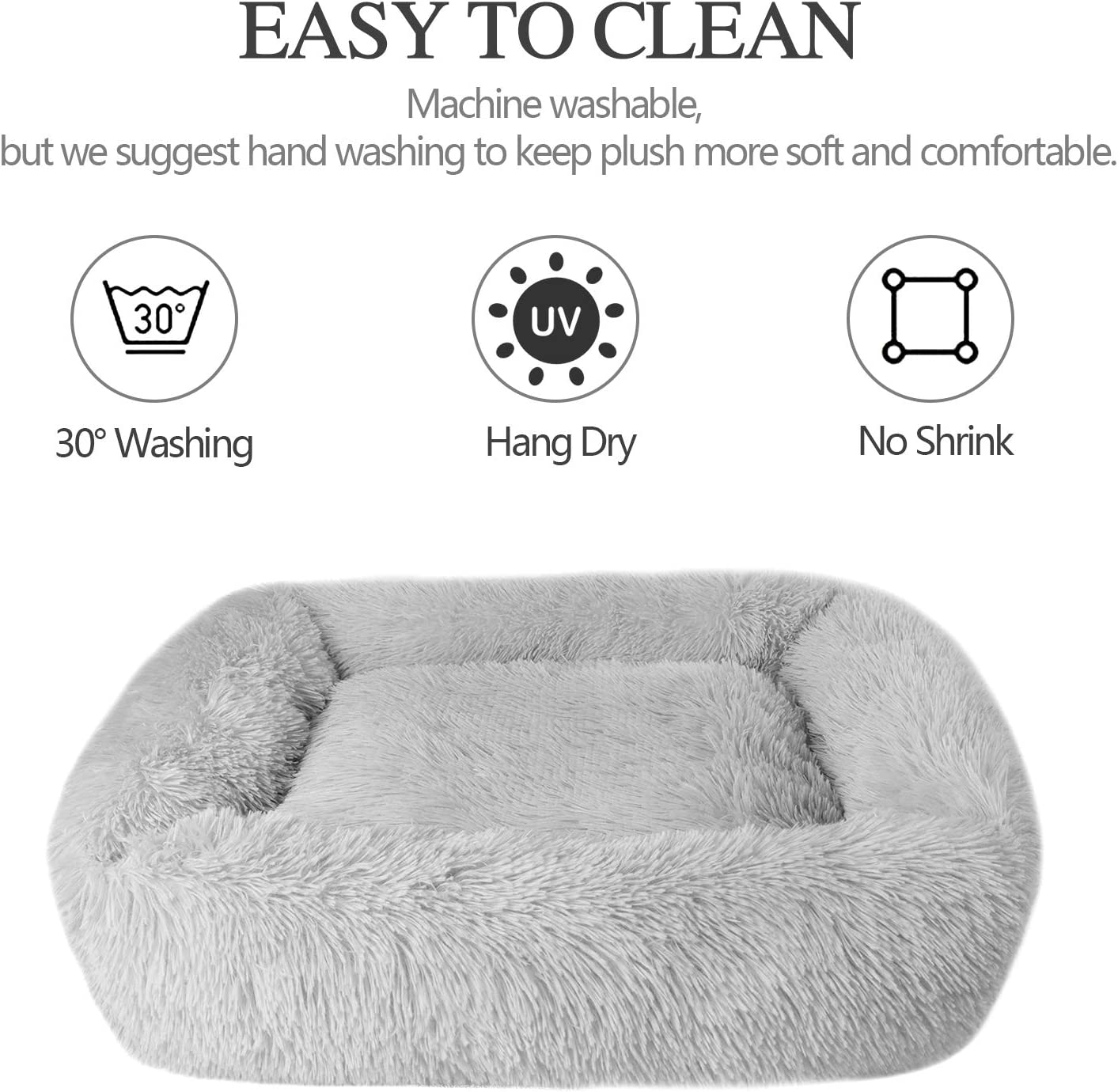 Cat Bed for Indoor Cats, Small Dog Beds for Small Dogs,Soft Long Plush Cushion Washable Puppy Bed,Self-Warming Square Cat Bed Anti-Slip Bottom Cushion (26 x 22 x 8 inch, Gray)