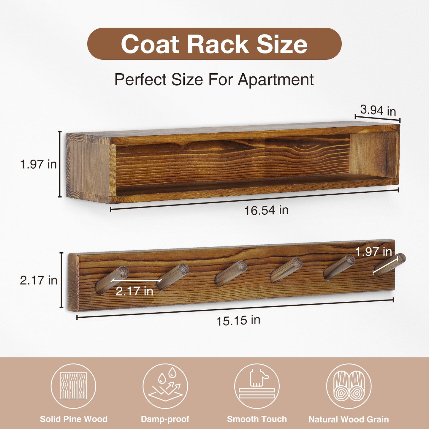 Coat Rack Wall Mount with Shelf, Domaci Entryway Floating Shelf with 6 Hooks, Wood Coat Hangers for Entryway, Living Room, Bedroom, Brown