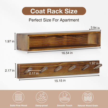 Coat Rack Wall Mount with Shelf, Domaci Entryway Floating Shelf with 6 Hooks, Wood Coat Hangers for Entryway, Living Room, Bedroom, Brown