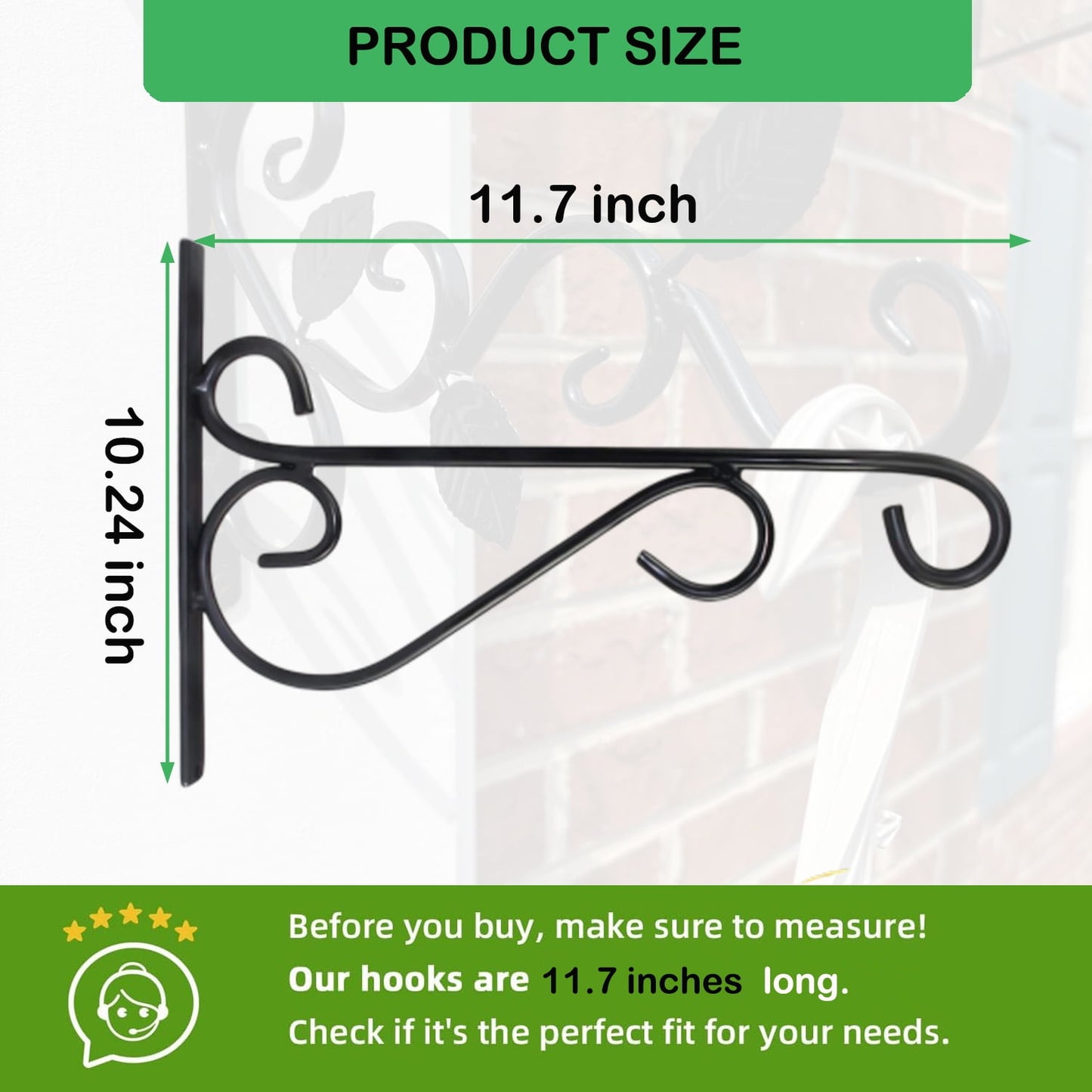 Hanging Plant Brackets, 2pcs 10 inch Bird Feeder Wall Hooks, Metal Hanging Brackets for Plants Lantern Wind Chimes Flower Basket (Black)