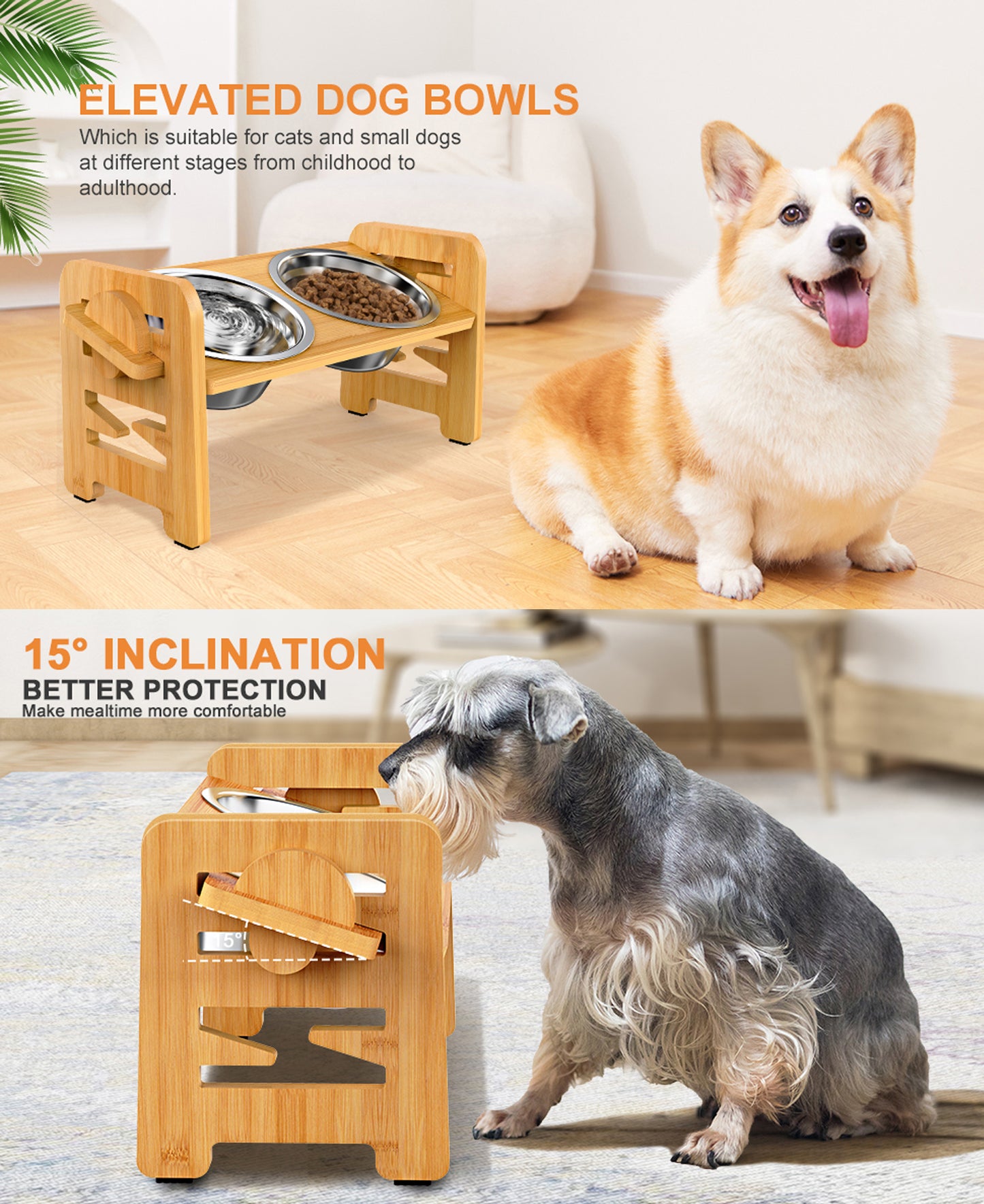 Elevated Dog Bowls for Small Dogs, Elevated Cat Bowls for Indoor Cats, Adjustable Raised Dog Bowl Stand, Raised Cat food Bowls with 2 Stainless Steel Bowls, Bamboo Dog Food Bowls with Stand