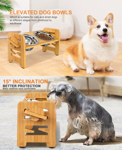 Elevated Dog Bowls for Small Dogs, Elevated Cat Bowls for Indoor Cats, Adjustable Raised Dog Bowl Stand, Raised Cat food Bowls with 2 Stainless Steel Bowls, Bamboo Dog Food Bowls with Stand