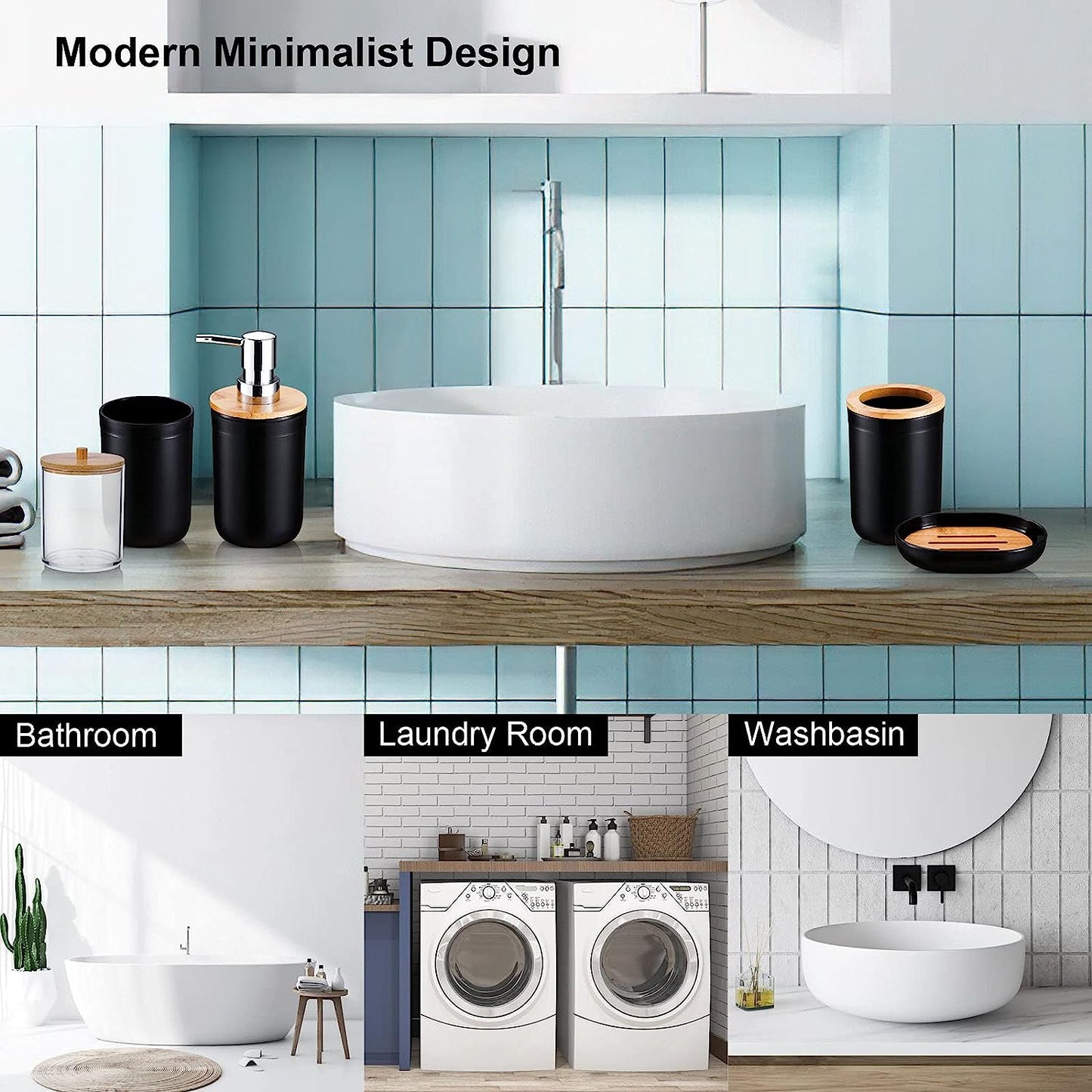 Bathroom Accessory Set, 4 Packs Dinosam Bamboo Waterproof Gift Set Plastic Toothbrush Cup Lotion Dispenser Soap Box Tooth Mug Modern Style for Home Hotel