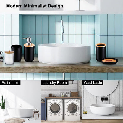 Bathroom Accessory Set, 4 Packs Dinosam Bamboo Waterproof Gift Set Plastic Toothbrush Cup Lotion Dispenser Soap Box Tooth Mug Modern Style for Home Hotel