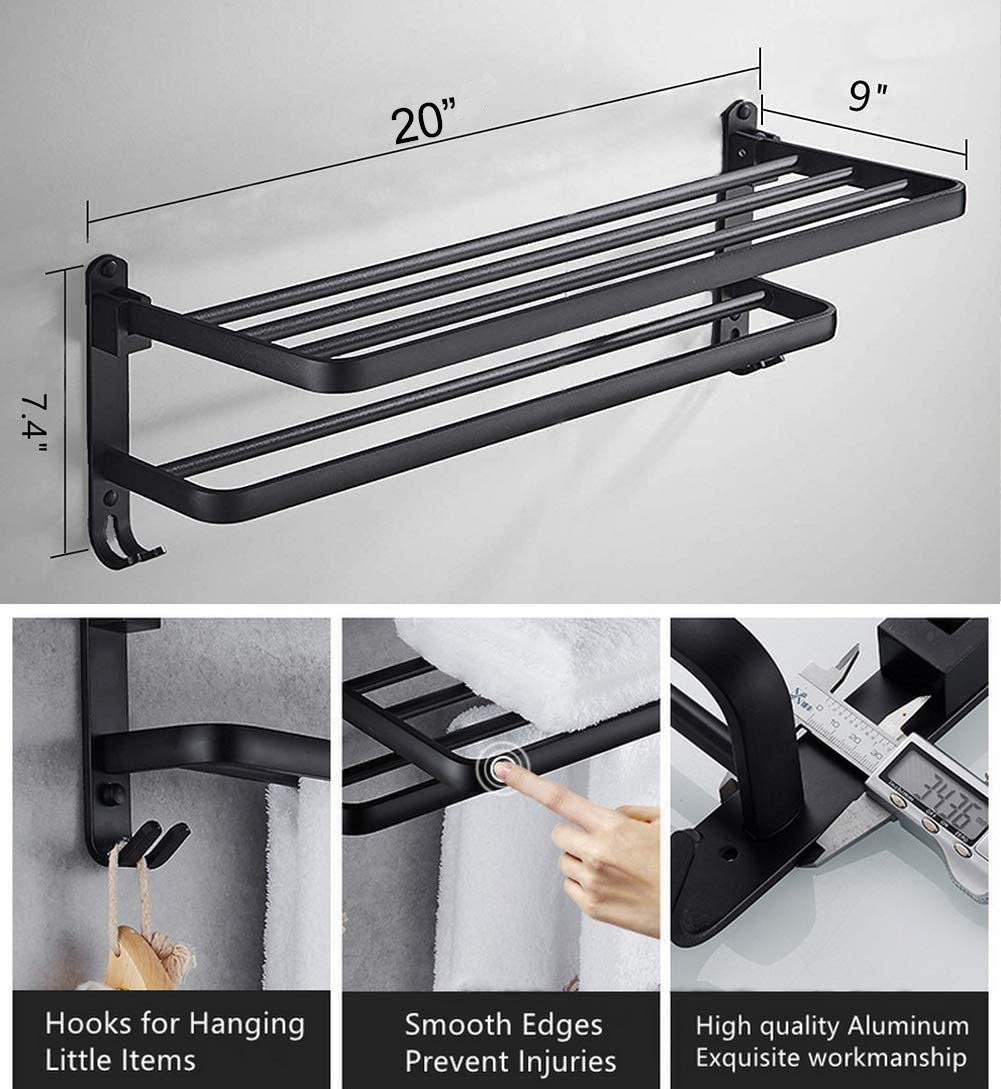 Bathroom Towel Rack Towel Shelf with Double Towel Bars Lavatory Wall Mount Holder with Hooks Stainless Steel Hotel Bath Rack (Matte Black 20 inches)
