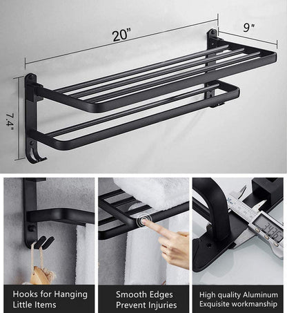 Bathroom Towel Rack Towel Shelf with Double Towel Bars Lavatory Wall Mount Holder with Hooks Stainless Steel Hotel Bath Rack (Matte Black 20 inches)