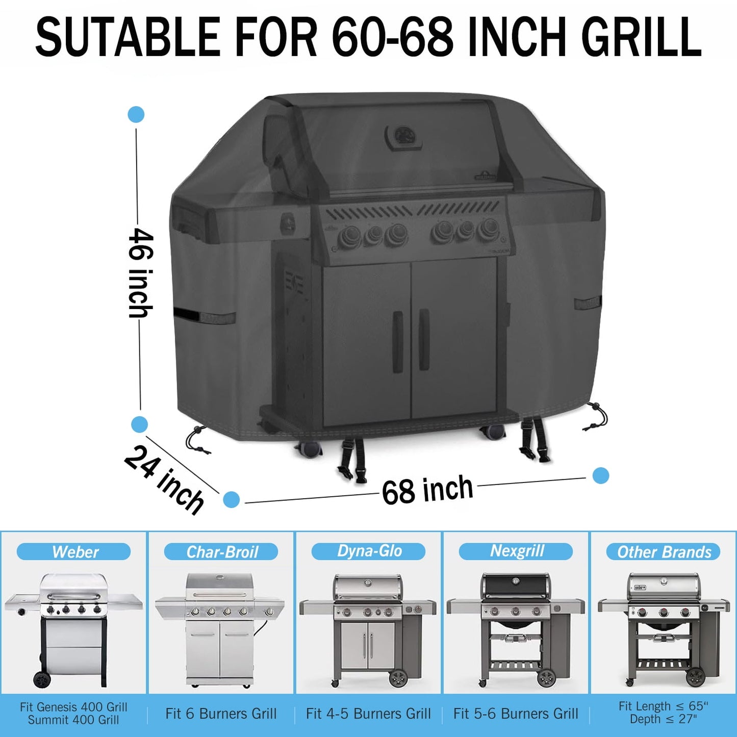 Grill Cover for Outdoor Grill, Waterproof Oxford Fabric BBQ Cover for 4-7 Burner Barbecue Grill ,68" Gas Grill Covers for Outside with Adjustable Drawstring & Strip,Storage Bag,Windproof, UV Protect