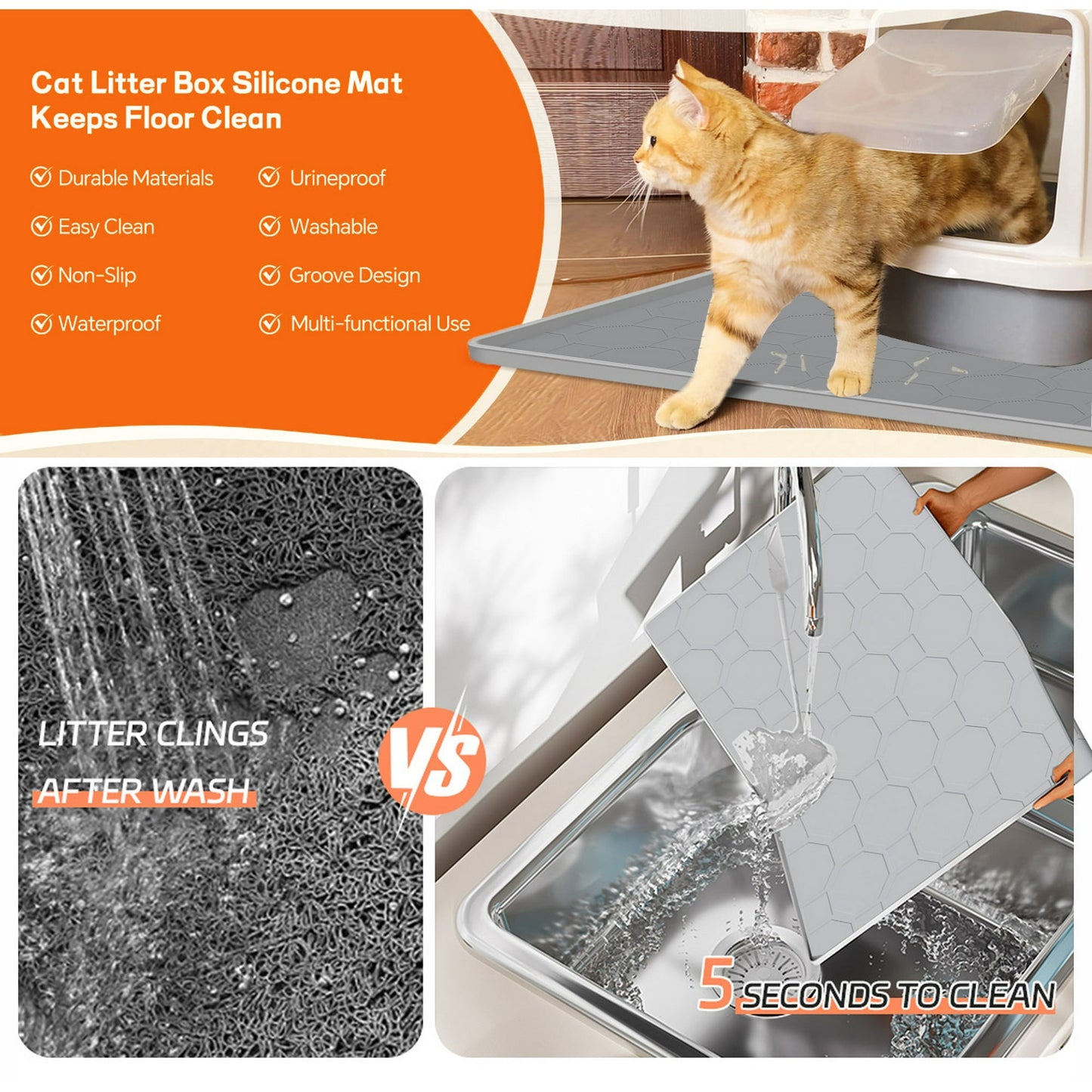 Cat Litter Mat Waterproof ,Large 34"*23" Non-slip Silicone Cat Litter Mat,Cat Litter Box Mat for Litter Trapping,Easy to Store Kitty Litter Mat Gray