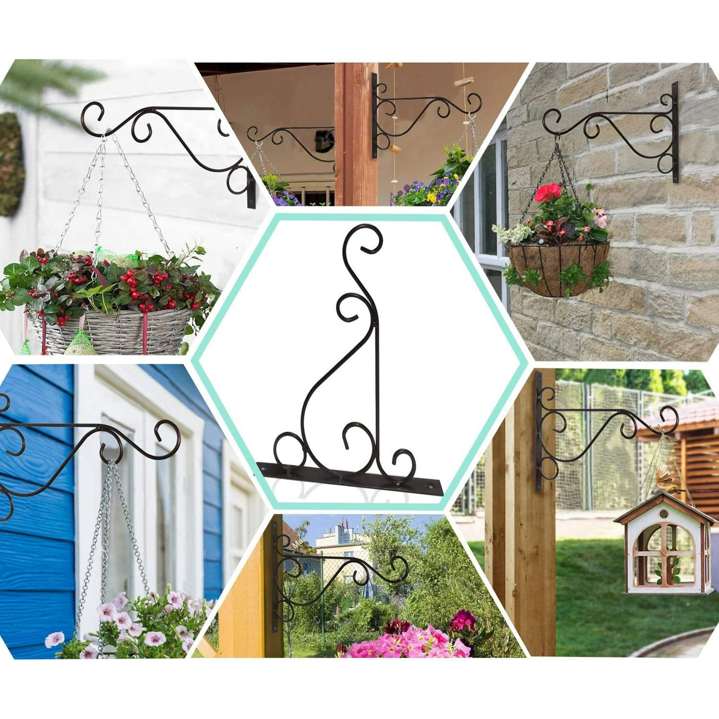 Hanging Plant Brackets, 2pcs 10 inch Bird Feeder Wall Hooks, Metal Hanging Brackets for Plants Lantern Wind Chimes Flower Basket (Black)
