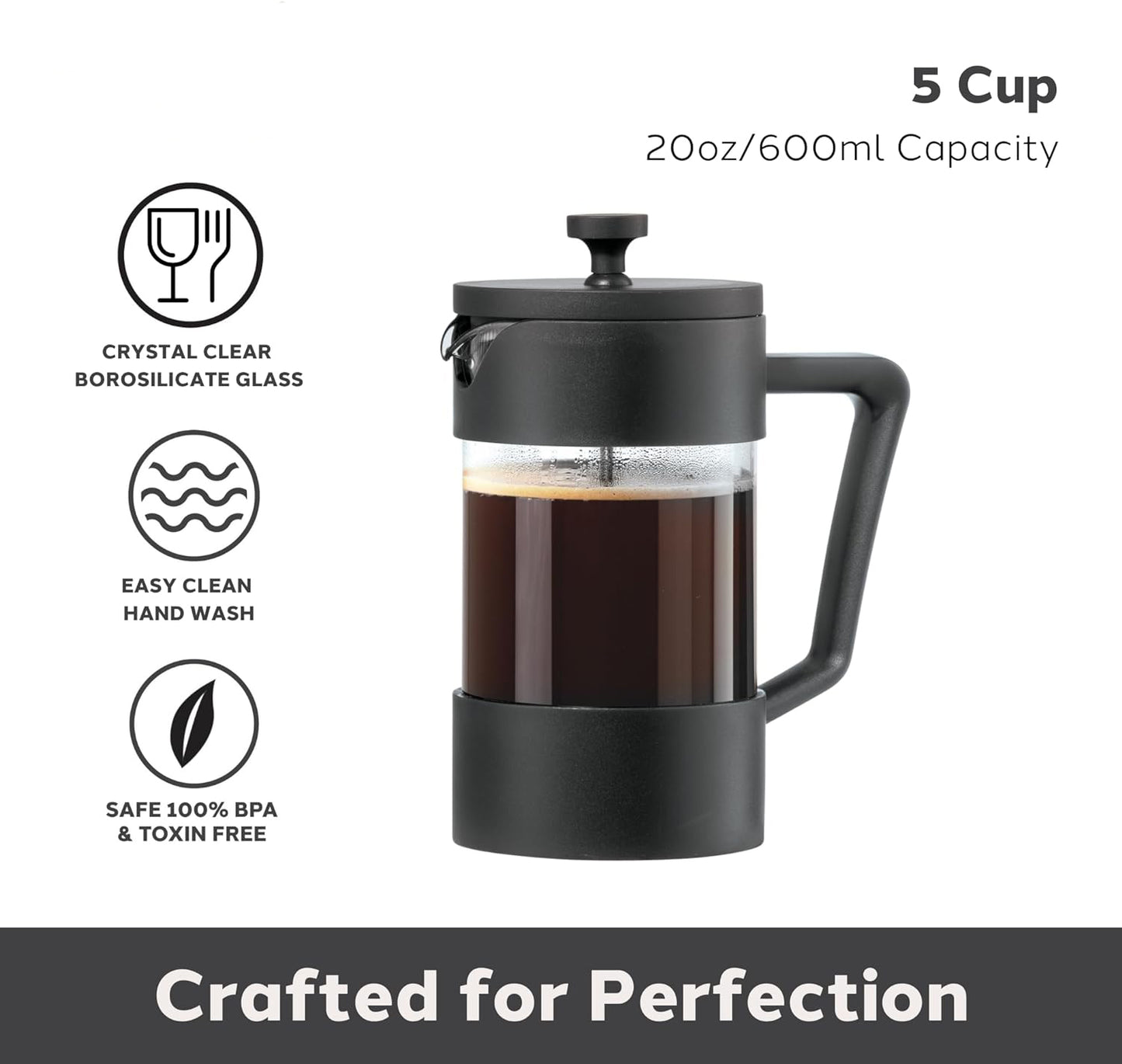 21 Ounce French Press Coffee Maker, 4-Cup Espresso Coffee Maker, Grey Cold Brew Heat Resistant Thickened Borosilicate Coffee Pot with 3 Stainless Steel Filtration System