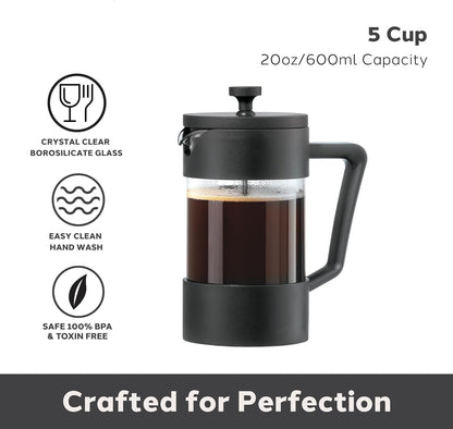 21 Ounce French Press Coffee Maker, 4-Cup Espresso Coffee Maker, Grey Cold Brew Heat Resistant Thickened Borosilicate Coffee Pot with 3 Stainless Steel Filtration System