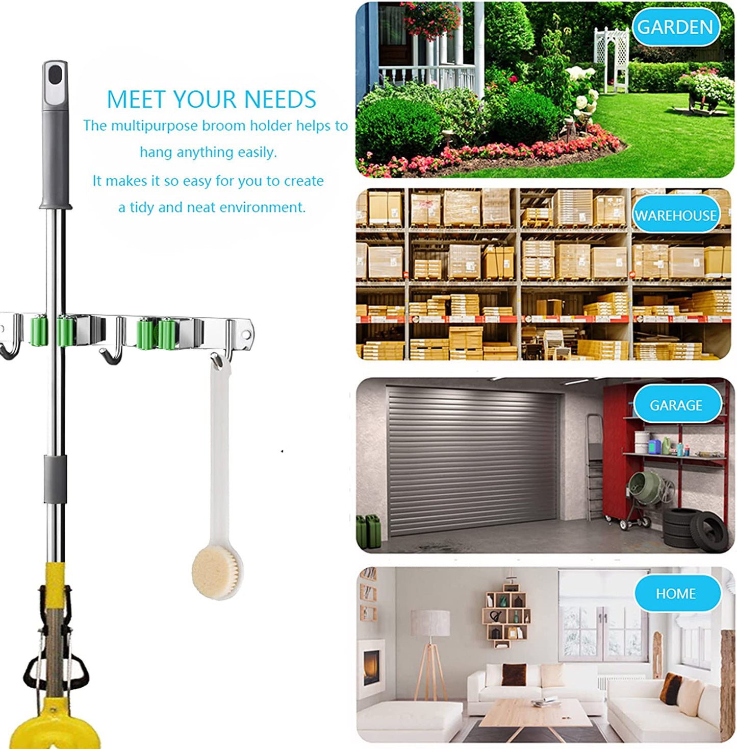 Mop and Broom Holder Wall Mounted/Broom and Mop Organizer Wall Hanger/Mop Broom Hanger Wall Mount/ Mop Broom Organizer Wall Mount/Tool Organizer Wall Mount/Garage Tool Organizer(3 Racks 4 Hooks)