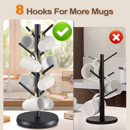 Mug Holder Tree, Domaci 360° Rotated 8 Hooks Coffee Cup Holder for Counter,Wood Coffee Mug Rack Standing for Coffee Bar Accessories and Kitchen Home Organizer (Black)