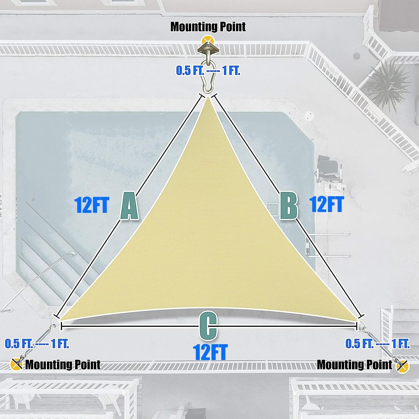 Sun Shade Sail 12' x 12' x 12' Sand Triangle Canopy UV Block Awning for Outdoor Patio Backyard Garden