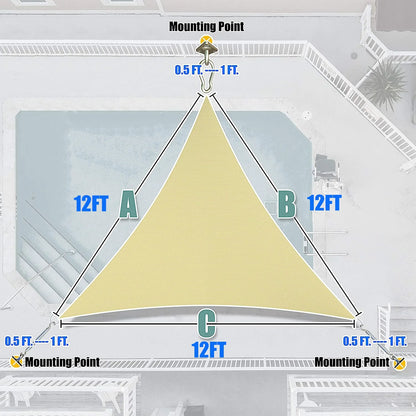 Sun Shade Sail 12' x 12' x 12' Sand Triangle Canopy UV Block Awning for Outdoor Patio Backyard Garden