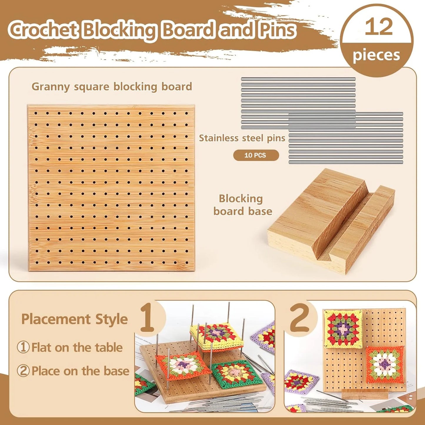 Crochet Blocking Board with Pins Board Granny Square Blocking Board for Crochet Projects Blocking Mats for Knitting with 10 Stainless Steel Pins Crochet Gifts for Crocheter,7.8" x 7.8"