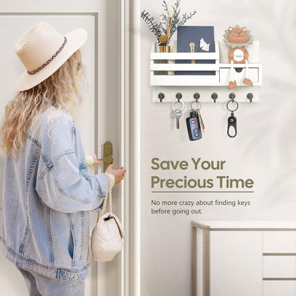 Key Holder for Wall,Dinosam Mail Organizer Wall Mount with Drawer,Mail Holder Shelf and 6 Sturdy Hooks,Hanging Key Rack Hanger for Entryway, Hallway, Bedroom, Living Room and Office，White