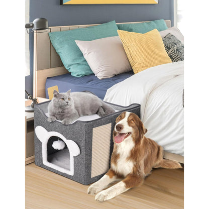 Cat Houses for Indoor Cats,Large Cat Cave with Fluffy Ball and Scratch Pad, Covered Cat Bed House, Foldable Cat Hideaway, 15.8”x15.8”x15.2”