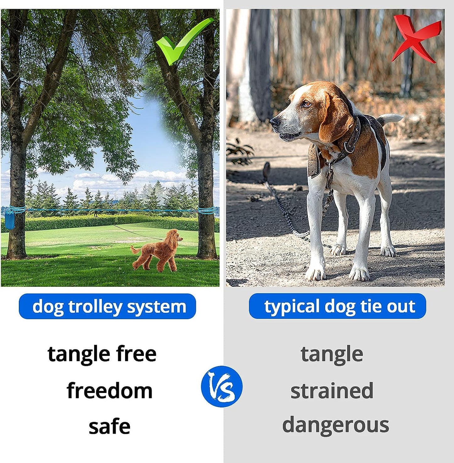 50ft Dog Tie Out Cable for Camping with 10ft Dog Lead for Dog Run,Long Leash for Dogs Outside Reflective Dog Chains for Outside with 360° Tangle Free &Heavy-Duty Clasp for Dogs Up to 125 Lbs