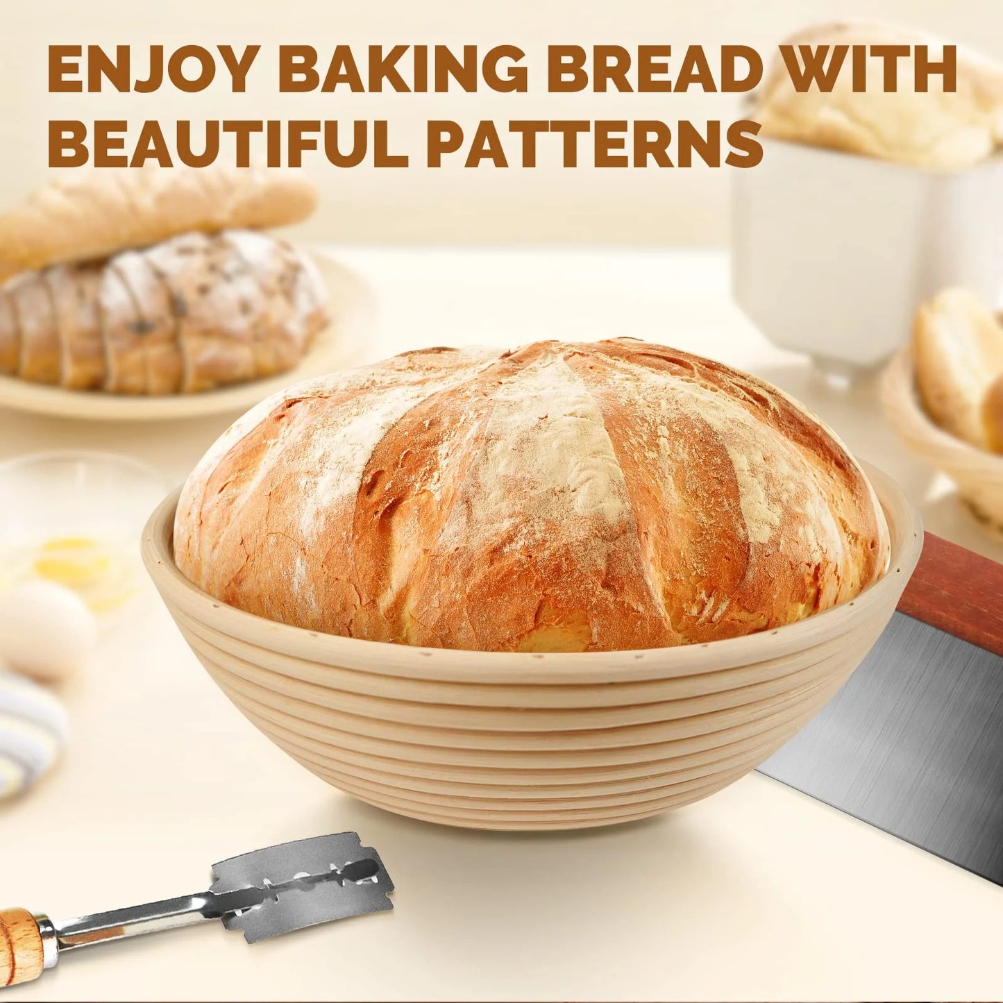 Bread Banneton Proofing Basket Set of 2, Domaci 9 Inch Round & 10 Oval Cane Sourdough Baskets with Lame,Dough Scraper Linen Liner Basting Brush for Making Baking Fermentation ﻿