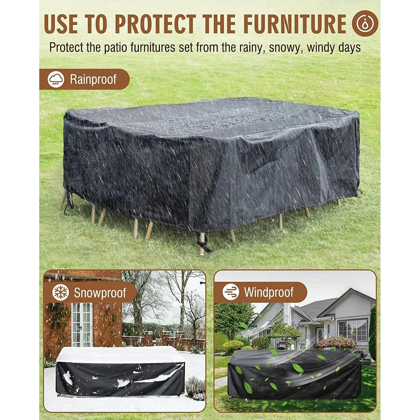 Patio Furniture Cover Waterproof, Outdoor Furniture Cover for Winter, Dinosam Durable Outdoor Furniture Cover with 4 Windproof Buckles,Black Patio Table Cover Fits