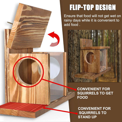 Squirrel Feeder,Squirrel Feeders for Outside Winter,Durable Squirrel House Box Easy to Fill with Removable Front Panel,Wooden Squirrel Food Table Squirrel Picnic Table Feeder,Chipmunk Feeder for Corn