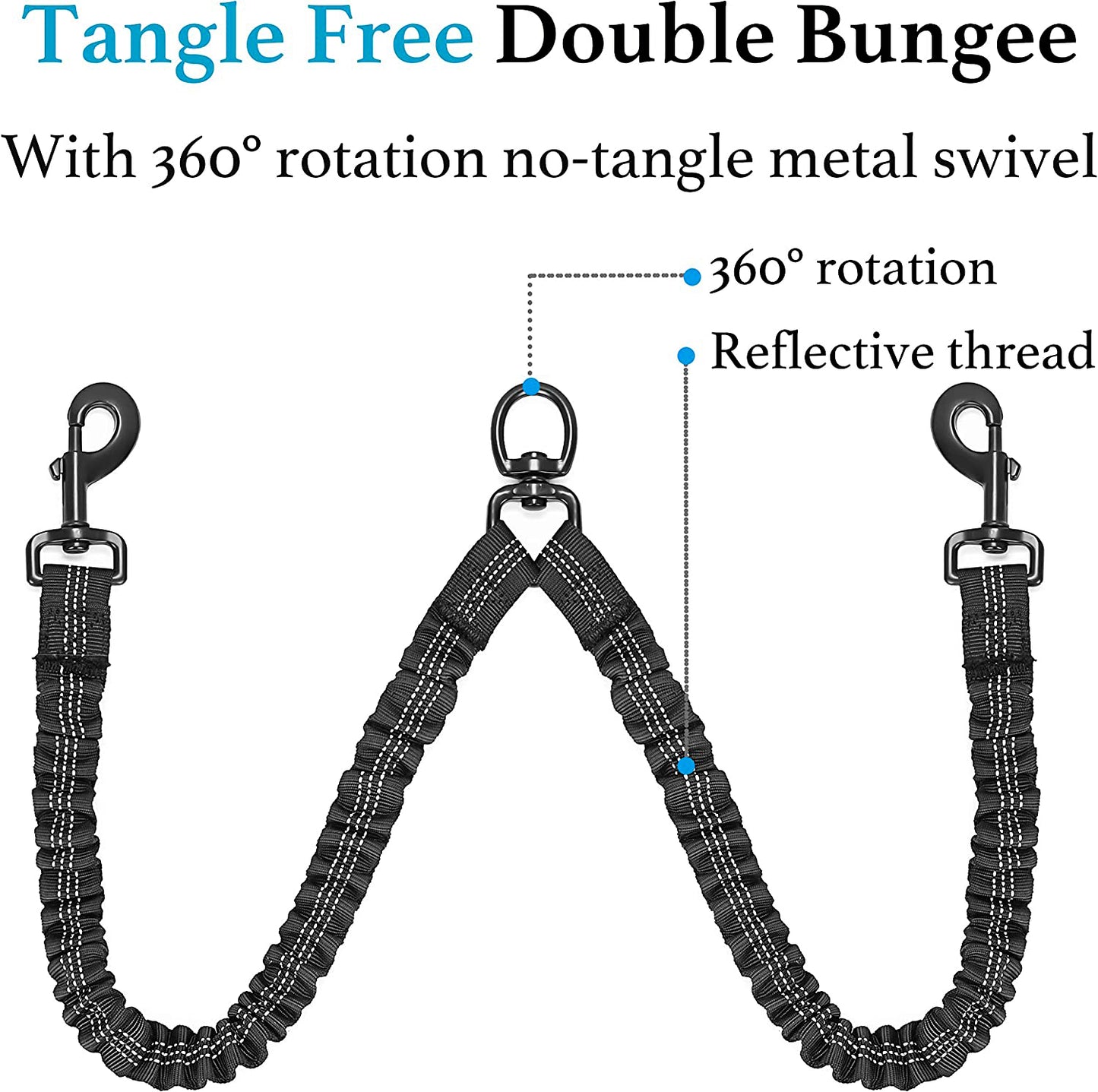 Double Dog Leash for 2 Dogs, Dual Dog Training Leash, Dinosam 360 Swivel No Tangle Walking Two Dog Leash for Dog Training, Shock Absorbing Bungee Double Leash for 2 Dogs, Black (25-150 lbs)