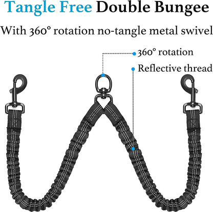 Double Dog Leash for 2 Dogs, Dual Dog Training Leash, Dinosam 360 Swivel No Tangle Walking Two Dog Leash for Dog Training, Shock Absorbing Bungee Double Leash for 2 Dogs, Black (25-150 lbs)