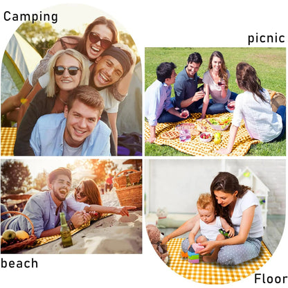 Picnic Blanket Handy Mat Tote Waterproof Sandproof Padding Portable Plaid Blanket for Lawn Park Beach Travel Yellow