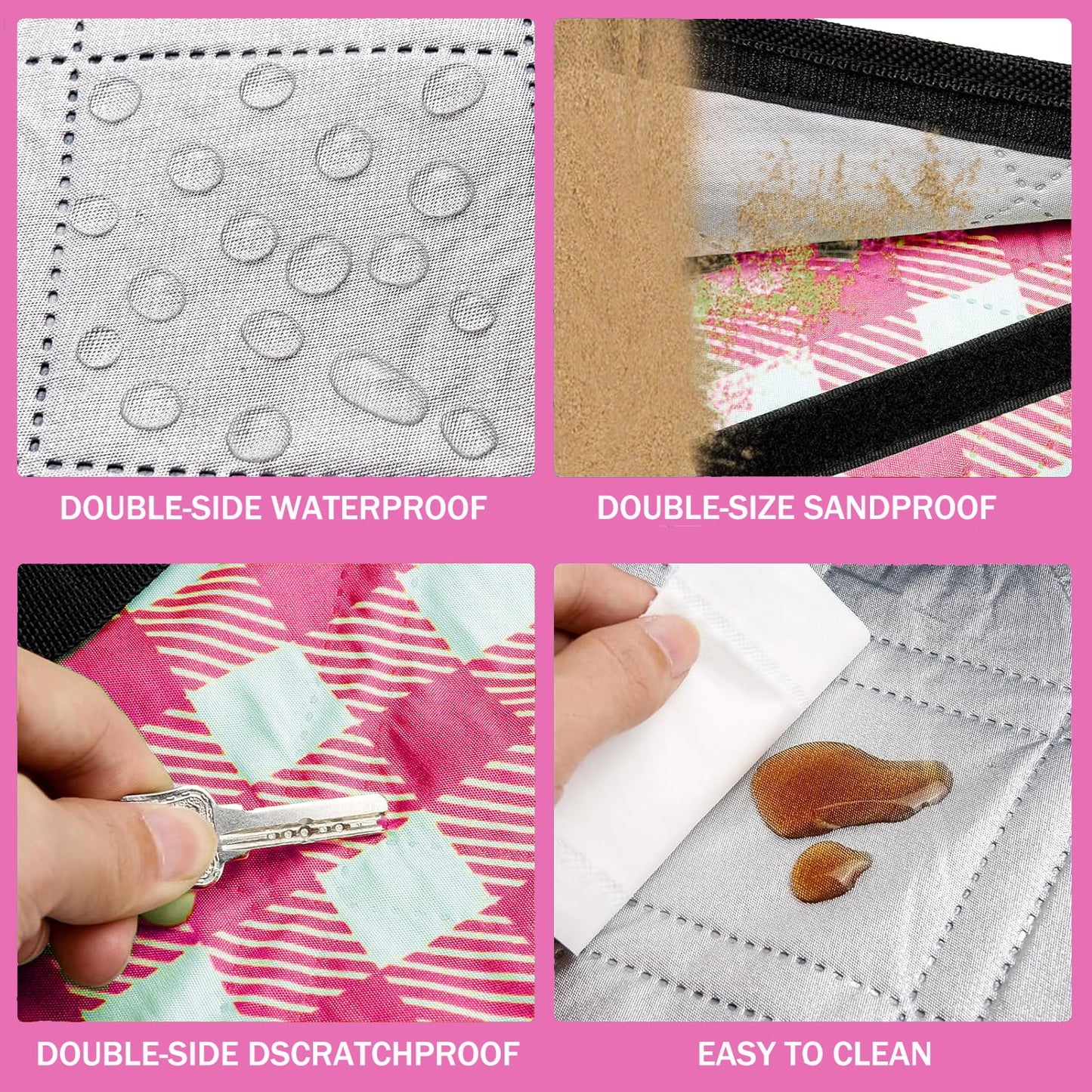 Picnic Blanket Extra Large Beach Blanket Waterproof Sandproof Beach Mat (80"x80"),0.34in Thickening Outdoor Blanket,Foldable Washable Camping Blanket,Wear-Resistant,Soft & Comfortable,Pink & White