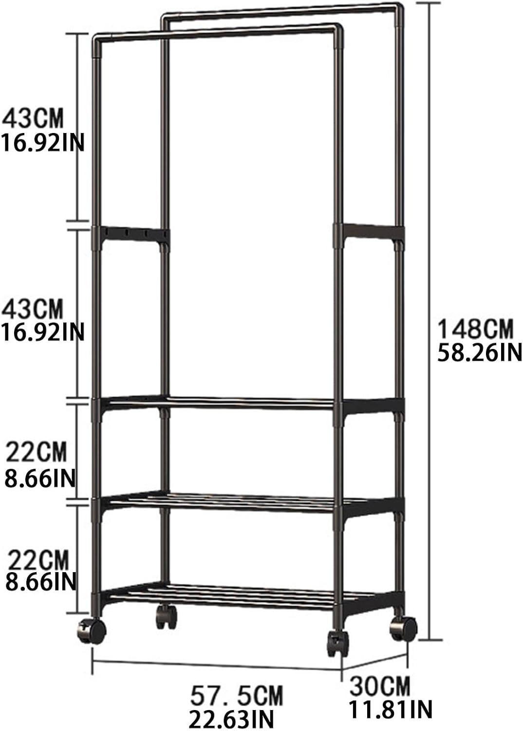Double Rail Clothes Rack, Domaci Coat and Shoe Rack Entryway Hall Tree, Heavy Duty Clothes Drying Rack, Metal Double Rod Clothing Garment Rack Coat Rail Black