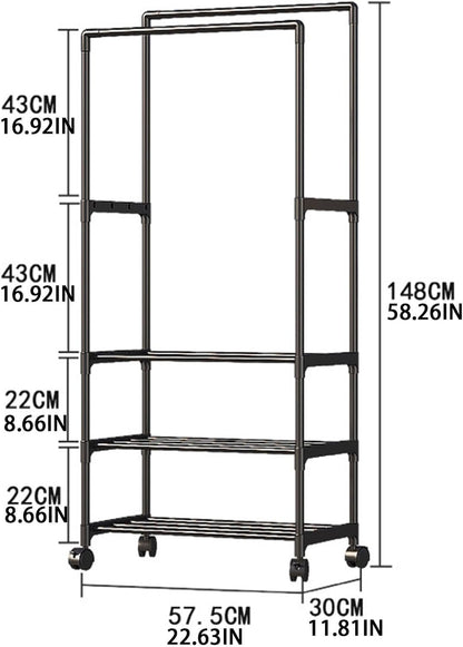 Double Rail Clothes Rack, Domaci Coat and Shoe Rack Entryway Hall Tree, Heavy Duty Clothes Drying Rack, Metal Double Rod Clothing Garment Rack Coat Rail Black
