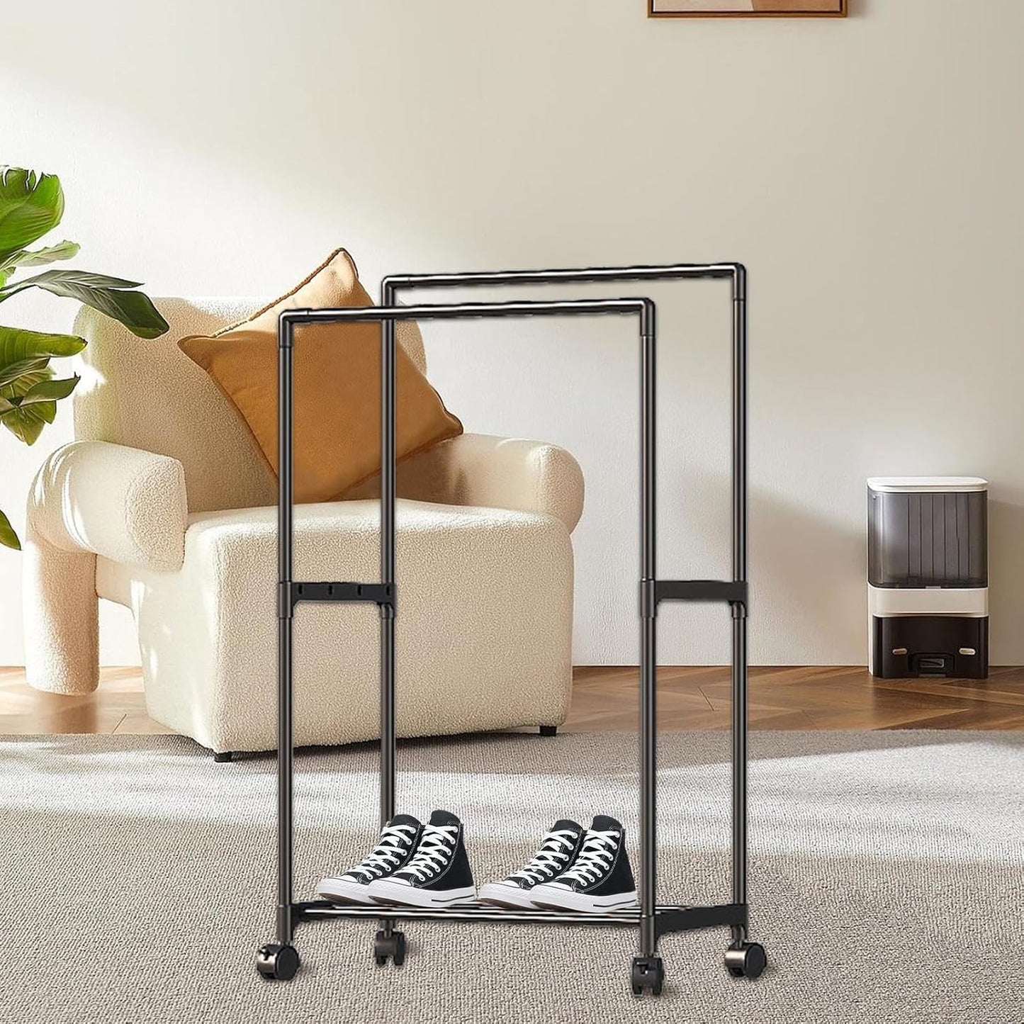 Double Rail Clothes Rack, Domaci Coat and Shoe Rack Entryway Hall Tree, Heavy Duty Clothes Drying Rack, Metal Double Rod Clothing Garment Rack Coat Rail Black