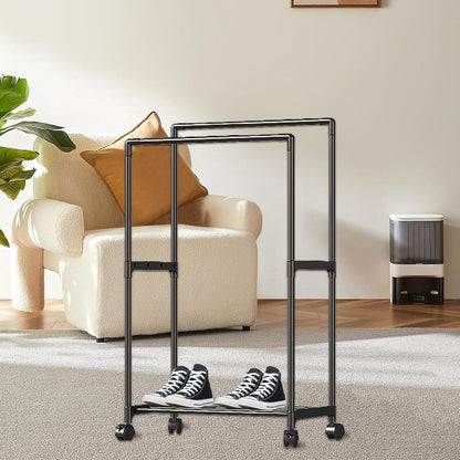 Double Rail Clothes Rack, Domaci Coat and Shoe Rack Entryway Hall Tree, Heavy Duty Clothes Drying Rack, Metal Double Rod Clothing Garment Rack Coat Rail Black