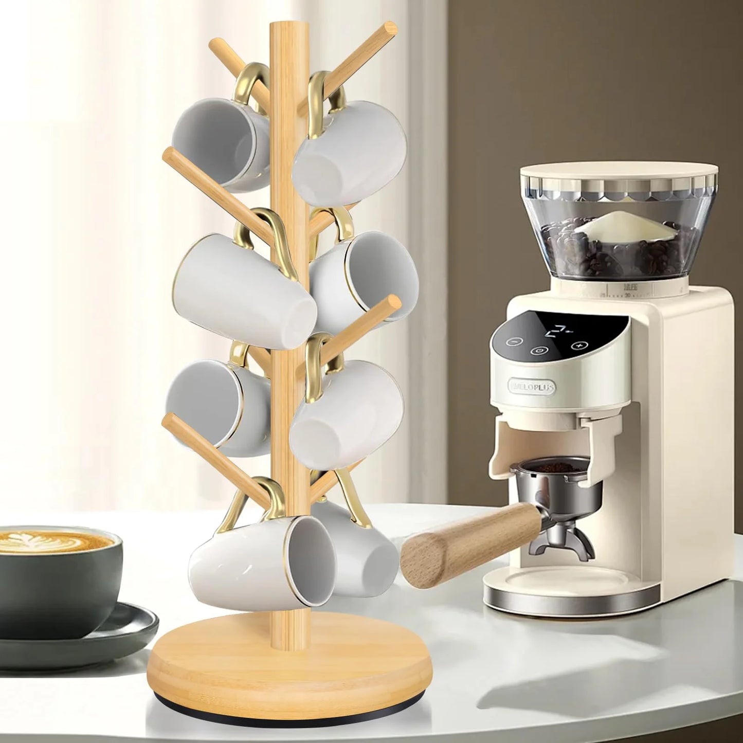 Mug Holder Tree, Domaci 360° Rotated 8 Hooks Coffee Cup Holder for Counter,Wood Coffee Mug Rack Standing for Coffee Bar Accessories and Kitchen Home Organizer (Natural)
