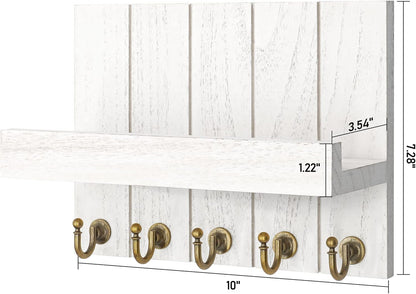 Key Holder for Wall, Domaci Mail Organizer Wall Mount with 5 Key Hooks and Mail Holder, Key Rack Suitable for Entryway, Hallway, Bedroom, Living Room and Office, White