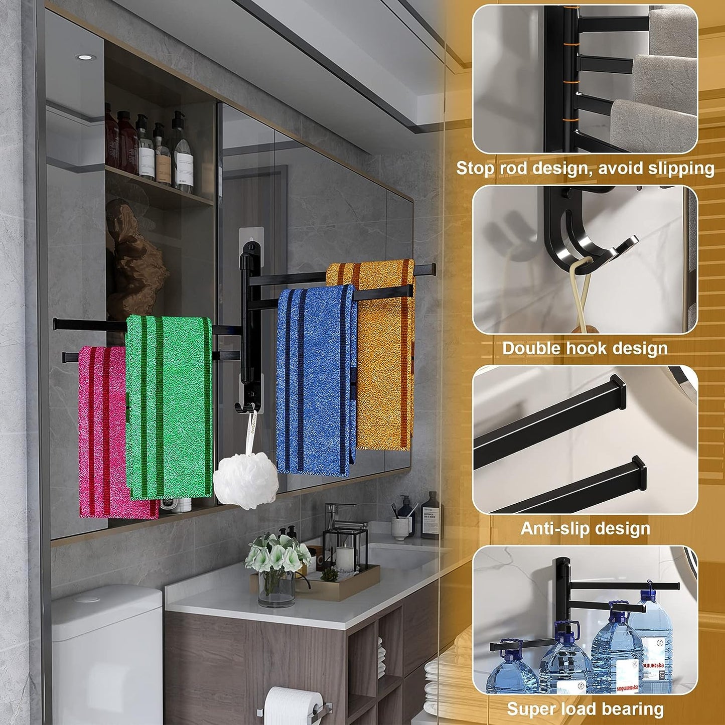 Swivel Towel Rack for Bathroom Towel Holder for Bathroom Wall Mounted Towel Bar with 5-Arm Towel Hanger, Dinosam Rustproof Bathroom Towel Rack 180° Rotation,13 Inch Bathroom Towel Bar