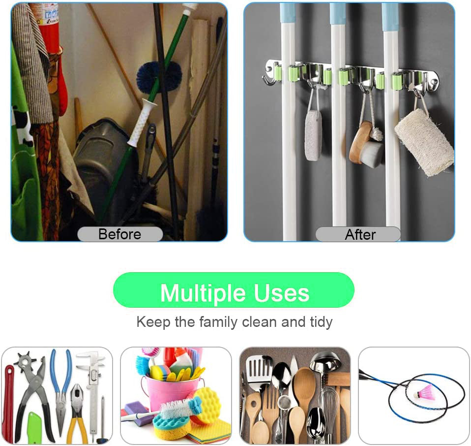 Mop and Broom Holder Wall Mount Mop Broom Hanger Wall Mounted, Heavy Duty Mop and Broom Organizer Wall Mount, Mounting Holes Broom Storage Rack for Laundry Room, Garage Organization