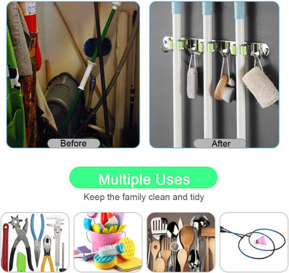 Mop and Broom Holder Wall Mount Mop Broom Hanger Wall Mounted, Heavy Duty Mop and Broom Organizer Wall Mount, Mounting Holes Broom Storage Rack for Laundry Room, Garage Organization
