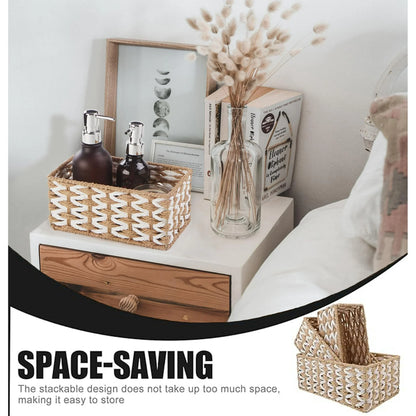 Wicker Basket Set of 3, Seagrass Storage Baskets for Shelves with Iron Wire Frame,Woven Baskets for Storage,Wicker Storage Basket for Bathroom, Bedroom, Laundry, Pantry, Shelves