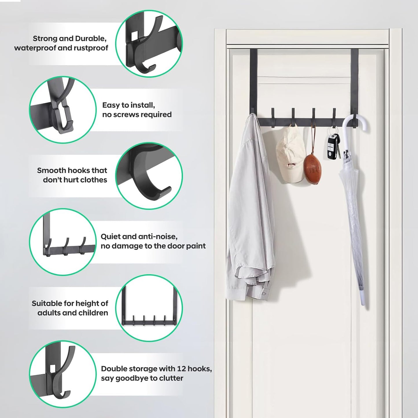 Over The Door Hooks, Door Hanger Hooks for Hanging, Over The Door Towel Racks, Over The Door Hanger, Coat Rack with 14 Coat Hooks, Wreath Door Hanger Over The Door Organizer, Gray ﻿