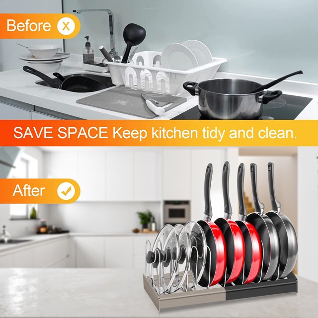 Expandable Pot and Pan Organizer for Cabinet,Pot Lid Organizer Holder with 7 Adjustable Compartments,Pan Organizer Rack for Cabinet,Pot Organizer Rack for Under Cabinet
