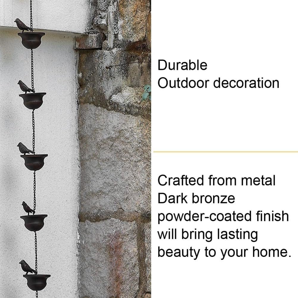 8 Feet Birds on Cup Mobile Rain Chain Mobile Bronze Decorative Bird Rain Chain Replacement Downspout Drainage Rain Chain 8 Birds Cups for Outdoor Courtyard Garden
